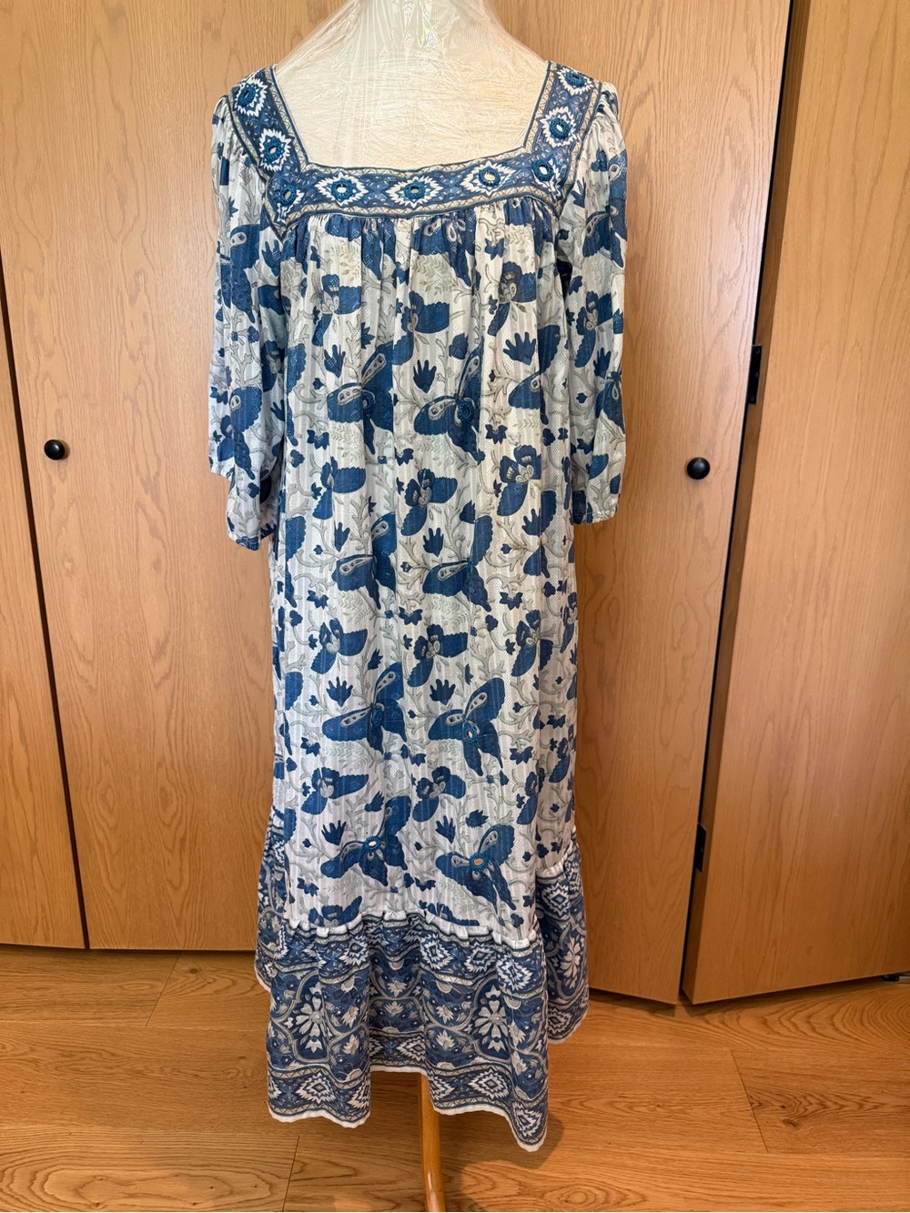 Rare Vintage Ramona Rull butterfly print, mirror embroidered, BoHo dress 1970s